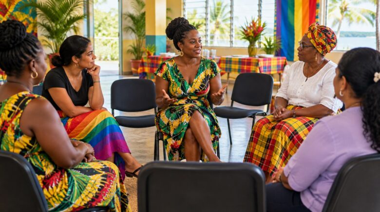 A small community discussion with empty seats, reflecting on participation and belonging in Guyana