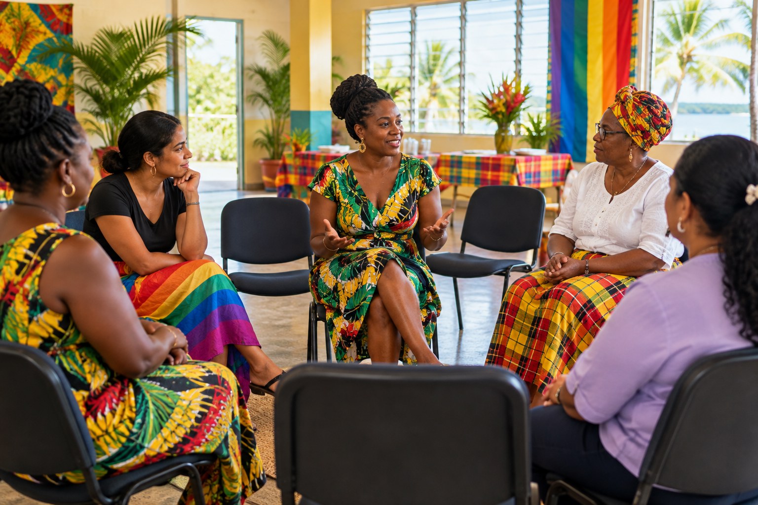 A small community discussion with empty seats, reflecting on participation and belonging in Guyana