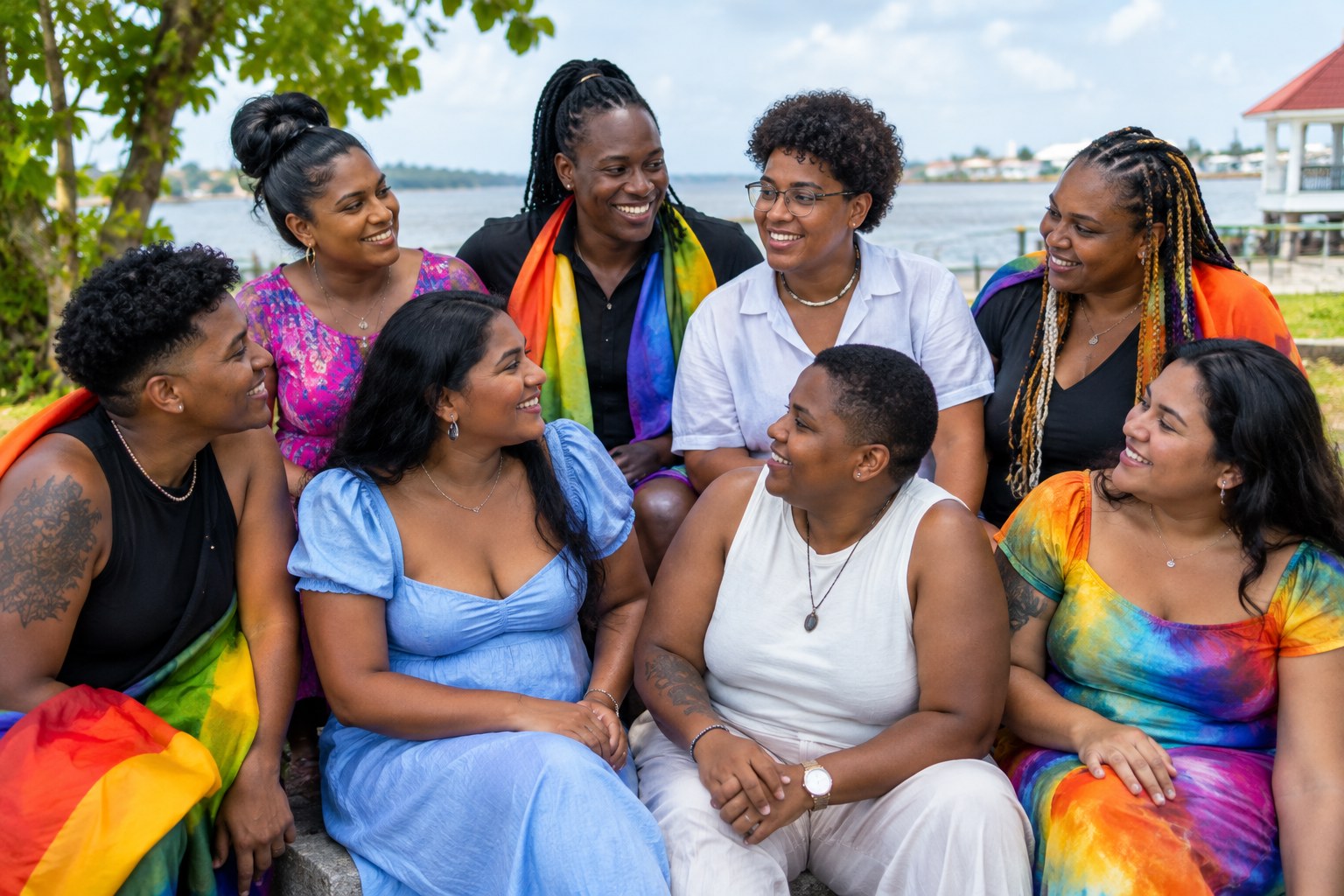 Diverse Caribbean LGBTQ+ community members together, representing respect and inclusion in Guyana